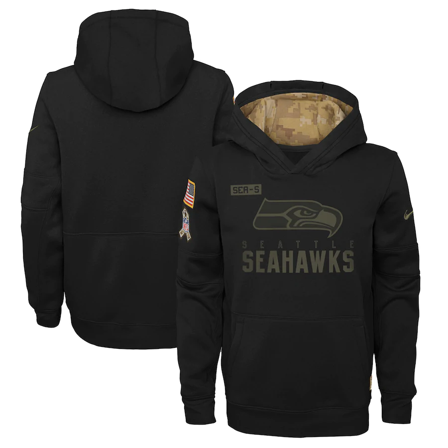 Youth Seattle Seahawks 2020 Black Salute To Service Sideline Performance Pullover Hoodie